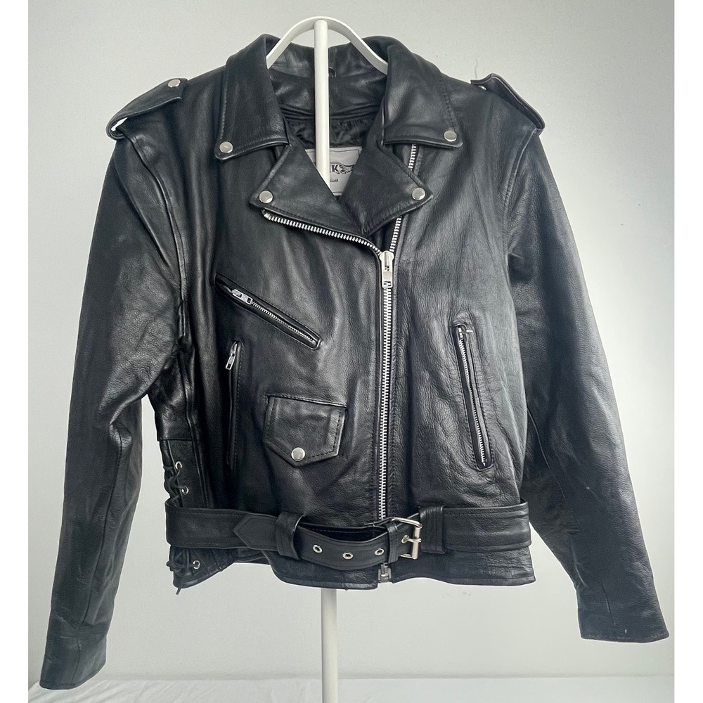 Vintage Unik Premium Women's Blk Leather Motorcycle Jacket Zip Out Liner SZ10
